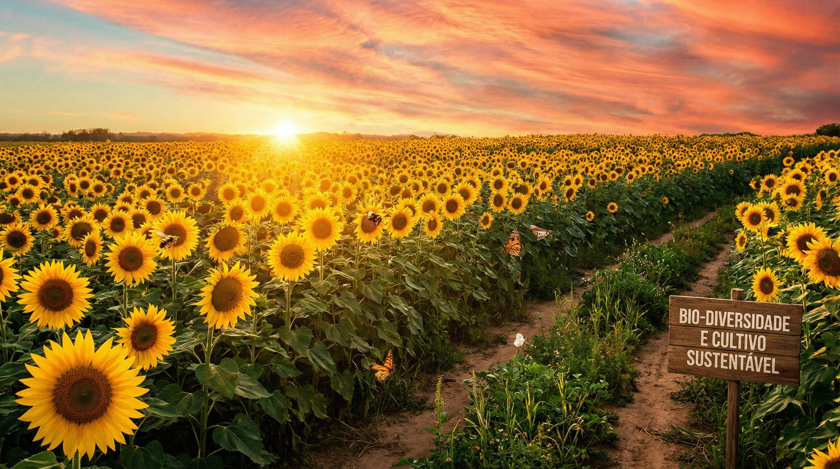 Campo de girassol ao pôr do sol, representando cultivo sustentável