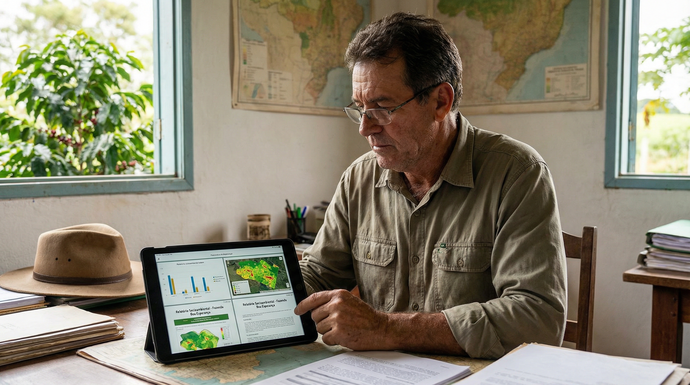 Produtor rural analisando relatório socioambiental