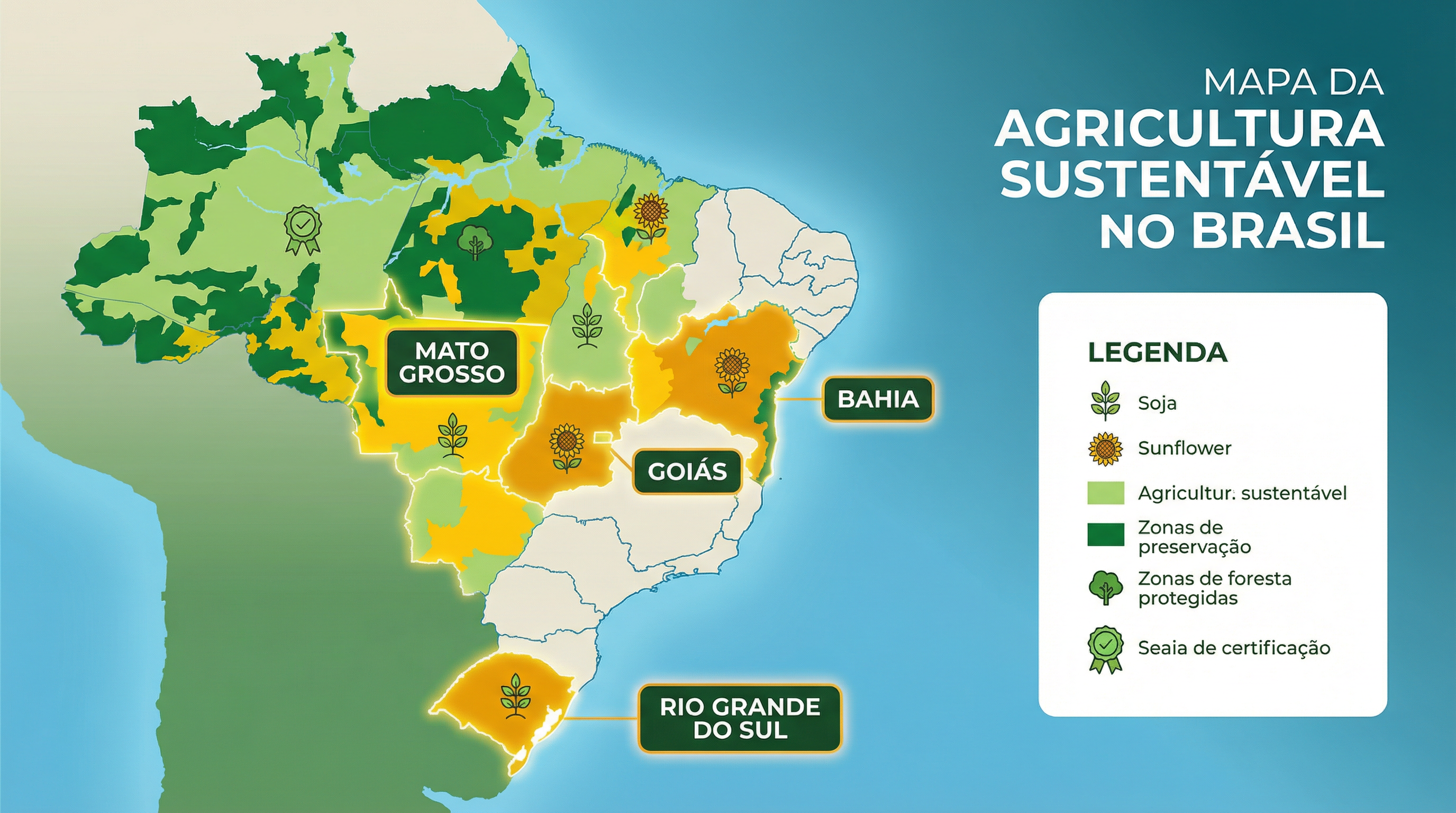 Mapa do Brasil com áreas de cultivo sustentável destacadas
